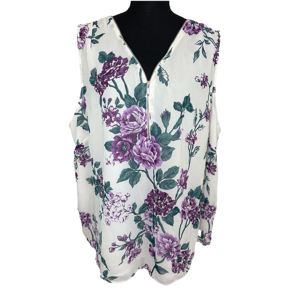 INC Womens Plus 3X Floral Sleeveless Top Blouse Zipper Neck Purple White Sequins